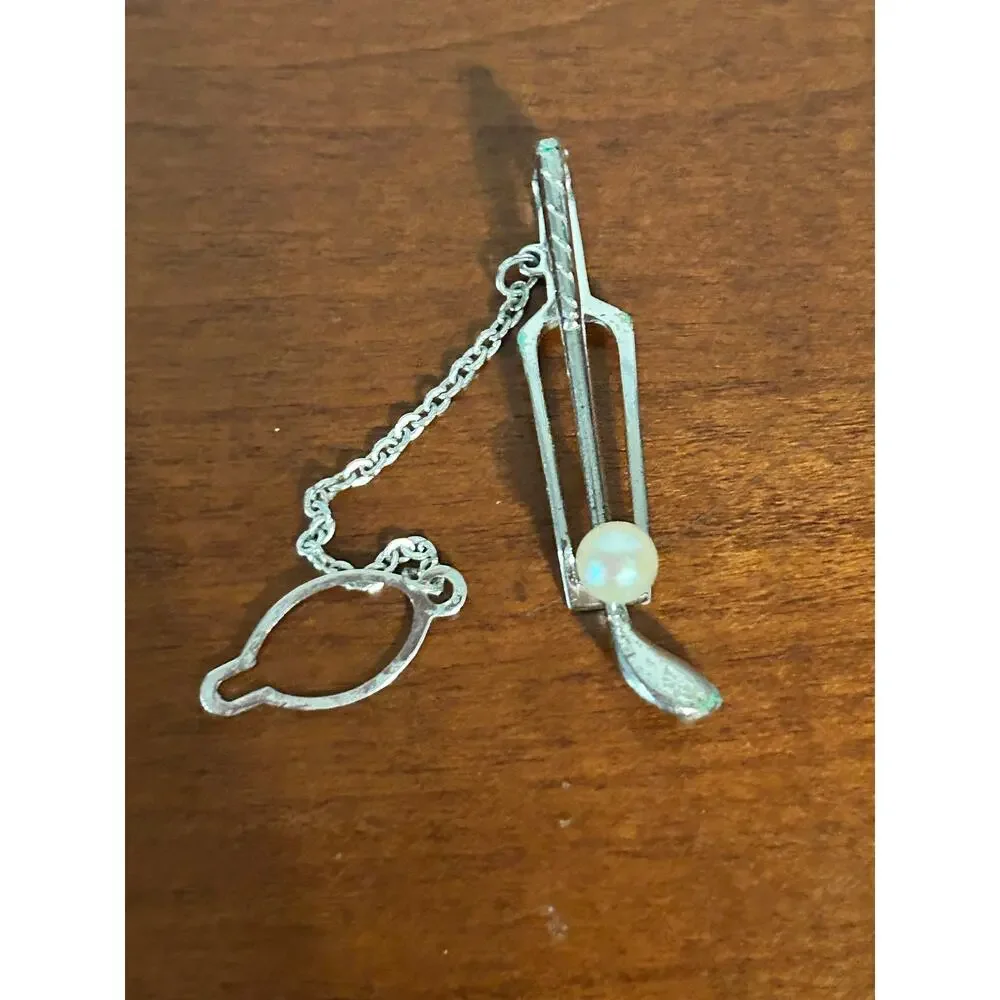 925 Sterling Silver golf bag pearl Golf Ball Tie Tack Clip